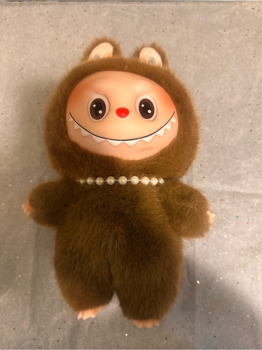 Brown Furry Monster Plush Toy with Pearl Necklace